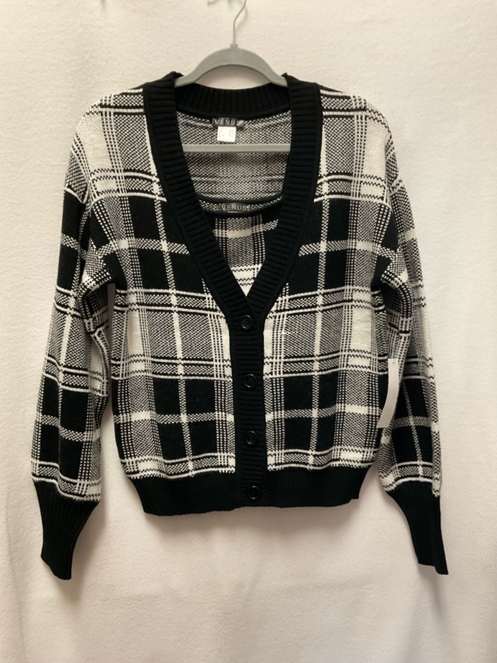 VENUS Black & White 2 Piece Plaid V-Neck Button Cardigan